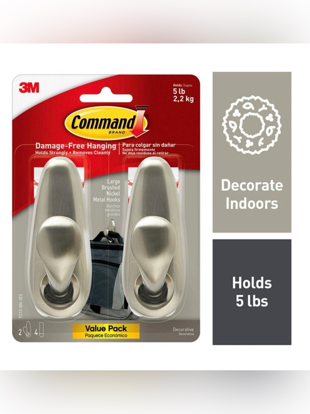 3M Command Classic Large Hooks Brushed Nickel 2 Pack